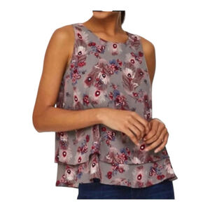 Anne Taylor MP Loft Peacock Floral Hem Flutter Sleeveless Tank Top Swing